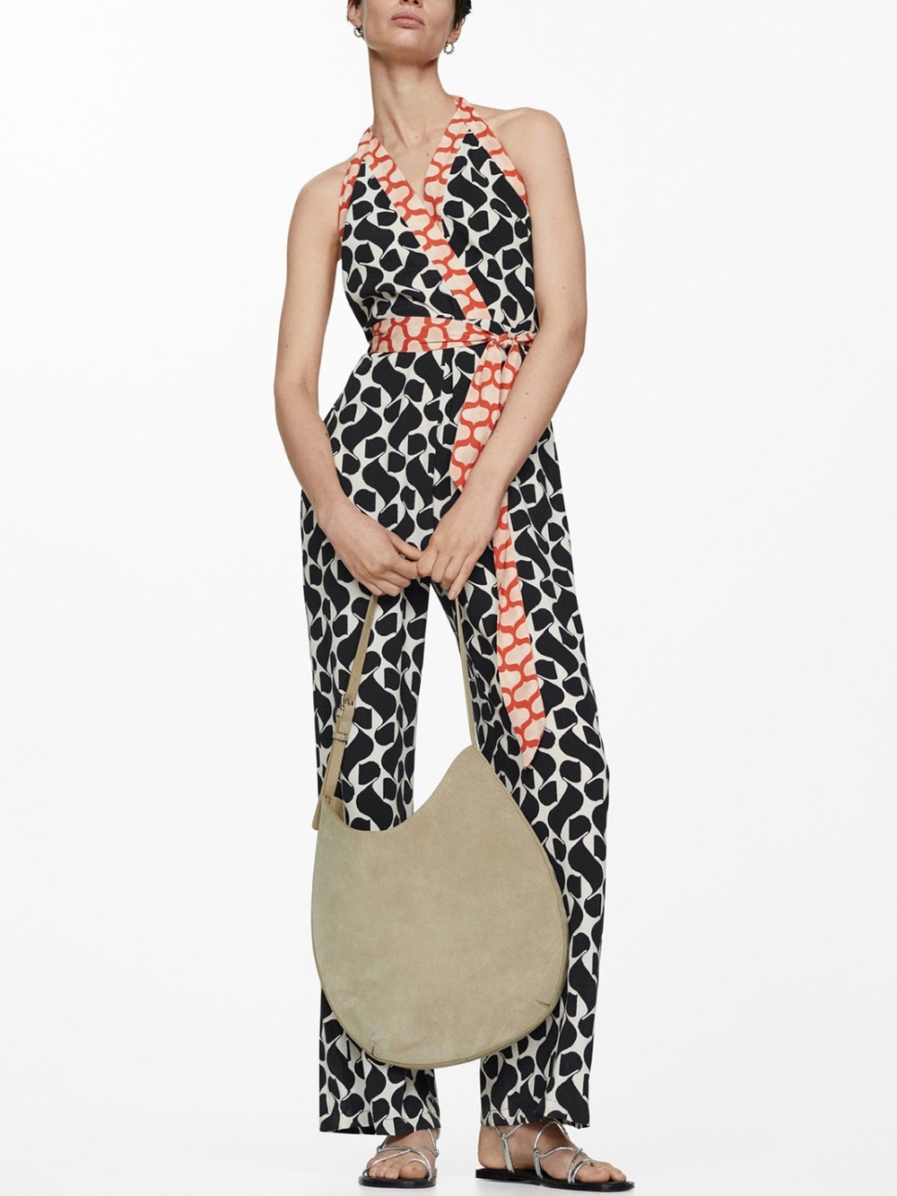 Mango “Cosim” Printed Jumpsuit with Tie Waist Wide Leg XS